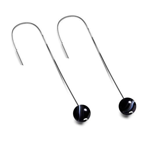 Agate ligne noire | Argent sterling .925 | Boucles d'oreilles à enfiler avec chaîne en pierres précieuses